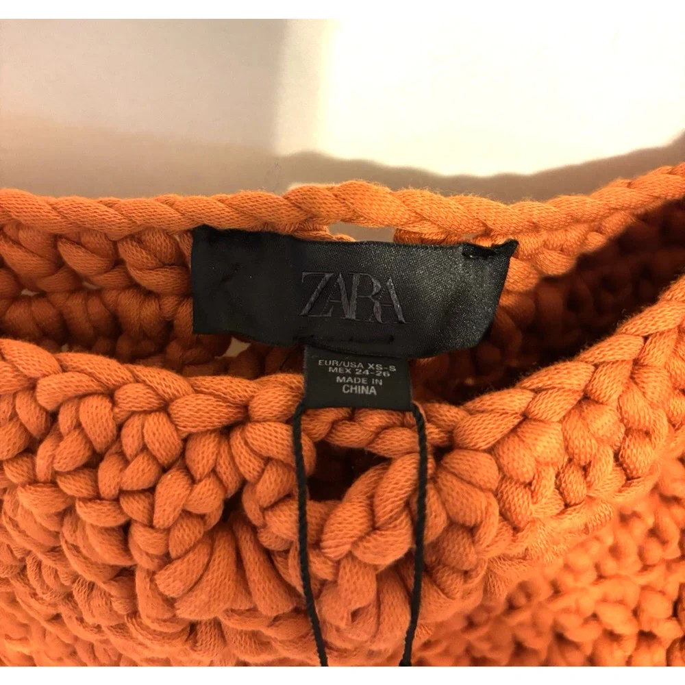 Zara Crochet Top Tank XS S Orange Chunky Open Knit New